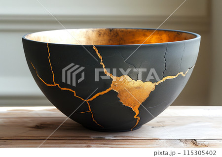 Elegant Kintsugi Repair on Black Stoneware Bowl Elegant Kintsugi Repair on Black Stoneware Bowl 115305402
