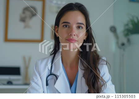 Serious and Smiling: Brazilian Doctor Woman in Studio Setting 115305503
