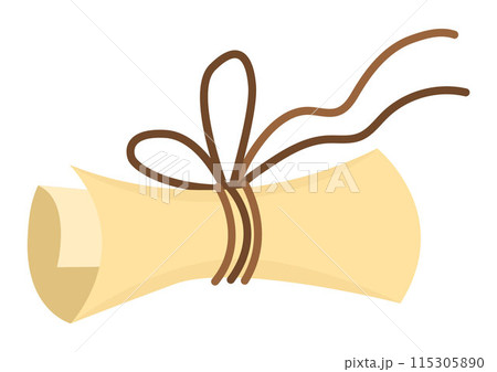 Vector papyrus scroll tied with string. Ancient parchment paper roll with rope. Old cartoon pirate map icon. Egyptian flat manuscript illustration isolated on white background 115305890