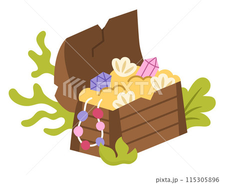 Opened mermaid treasure chest with gold, seashells, beads. Pirate sunken wooden coffer with jewelry and. Treasure island element isolated on white background. Old wood box icon with seaweeds 115305896