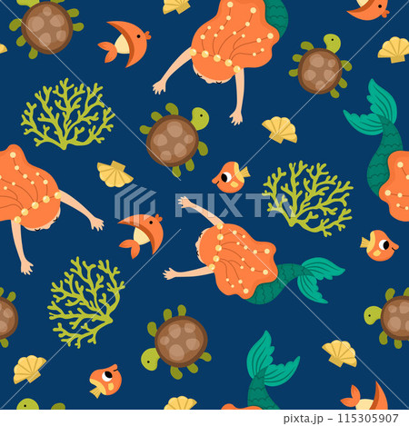 Vector mermaids seamless pattern. Underwater kingdom repeat background with princess, fish, seaweeds, tortoise, seashell. Cartoon water, marine fairytale digital paper for kids 115305907