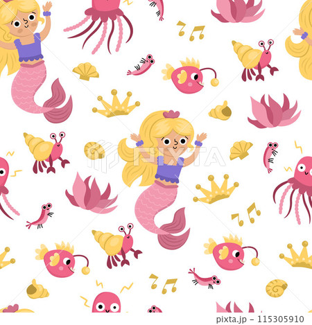 Vector mermaids seamless pattern. Underwater kingdom repeat background with princess, fish, seaweeds, crab, jellyfish, seashell. Cartoon water, marine fairytale digital paper for kids 115305910