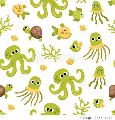 Vector under the sea seamless pattern. Repeat background with green jellyfish, octopus, shells, tortoise, seaweeds. Ocean life digital paper. Funny water animals and weeds illustration with cute fish Vector under the sea seamless pattern. Repeat background with green jellyfish, octopus, shells, tortoise, seaweeds. Ocean life digital paper. Funny water animals and weeds illustration with cute fish 115305911