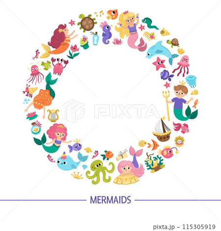 Vector round frame wreath with mermaids. Underwater kingdom card template with princess, fish, castle, seaweeds framed in circle. Marine fairytale border design for banners, invitations Vector round frame wreath with mermaids. Underwater kingdom card template with princess, fish, castle, seaweeds framed in circle. Marine fairytale border design for banners, invitations 115305919