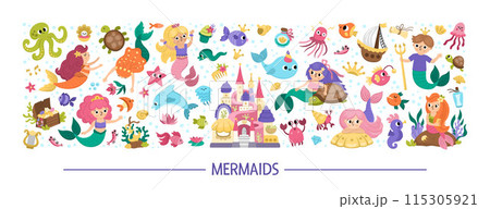 Vector horizontal set with mermaids, castle, water animals. Underwater kingdom card template design with ocean princess, prince. Marine fairytale characters for kids. Cute sea border with sirens 115305921