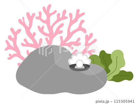 Vector marine composition with rock, seaweeds, corals, seashell with pearl. Mermaid land concept. Sea life nature decoration isolated on white background. Ocean or underwater clipart element Vector marine composition with rock, seaweeds, corals, seashell with pearl. Mermaid land concept. Sea life nature decoration isolated on white background. Ocean or underwater clipart element 115305941