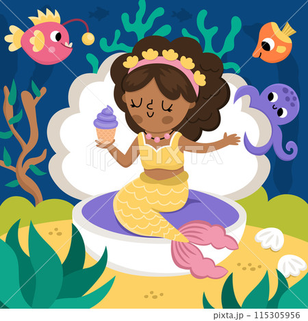 Vector landscape illustration with mermaid with dark skin sitting in seashell, eating cupcake. Ocean or sea kingdom scene with fish, marine princess. Cute square fairytale background for kids Vector landscape illustration with mermaid with dark skin sitting in seashell, eating cupcake. Ocean or sea kingdom scene with fish, marine princess. Cute square fairytale background for kids 115305956