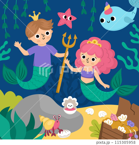 Vector landscape illustration with mermaid and boy with trident, crown. Ocean or sea kingdom scene with marine princess, prince, treasure chest. Cute square fairytale background for kids 115305958