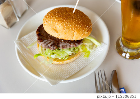 Appetizing hamburger with salad served on platter Appetizing hamburger with salad served on platter 115306853