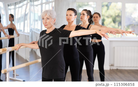 Group of women practicing at ballet barre Group of women practicing at ballet barre 115306858
