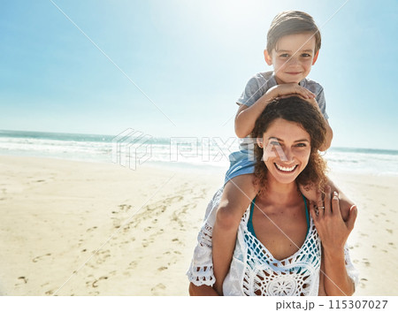 Portrait, mother and son piggy back for holiday, fun and together with child for Australia adventure. Summer, ocean and travel vacation afternoon with happy woman, boy and kid for shoulder ride 115307027