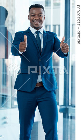 Business, portrait and happy black man with thumbs up in office for support, motivation and praise. Success, face and entrepreneur with OK hand emoji for winning, vote and feedback, opinion or review Business, portrait and happy black man with thumbs up in office for support, motivation and praise. Success, face and entrepreneur with OK hand emoji for winning, vote and feedback, opinion or review 115307033