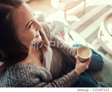 Happy woman, morning and sofa with coffee above for drink, caffeine or relax in living room at home. Top view of female person with smile for beverage, cappuccino or latte on lounge couch at house Happy woman, morning and sofa with coffee above for drink, caffeine or relax in living room at home. Top view of female person with smile for beverage, cappuccino or latte on lounge couch at house 115307123