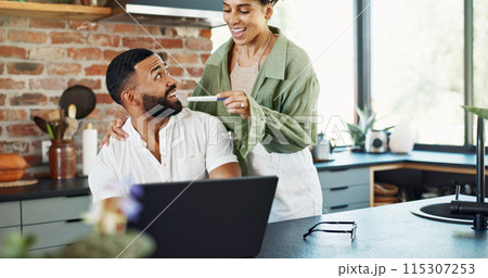 Couple, happy and surprise with pregnancy test in home with announcement, celebration and ivf success in kitchen. People, pregnant results and excited for fertility with good news, hug or testing kit Couple, happy and surprise with pregnancy test in home with announcement, celebration and ivf success in kitchen. People, pregnant results and excited for fertility with good news, hug or testing kit 115307253