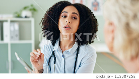 Doctor, woman or patient in consultation with tablet for healthcare support, medical results or feedback. Medicine, professional and person with discussion for diagnosis, consulting or health service 115307258