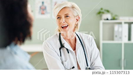 Mature doctor, woman and patient or laughing with healthcare support, medical advice and feedback. Medicine, professional and person with funny discussion, consulting and health service with joke 115307313