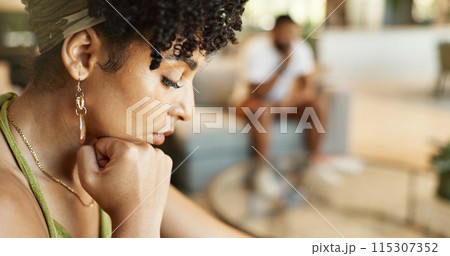 Couple, fight and sad woman thinking in house with anger, divorce and cheating, control or toxic crisis at home together. Marriage, doubt and girl ignore man in living room frustrated, hurt or angry 115307352