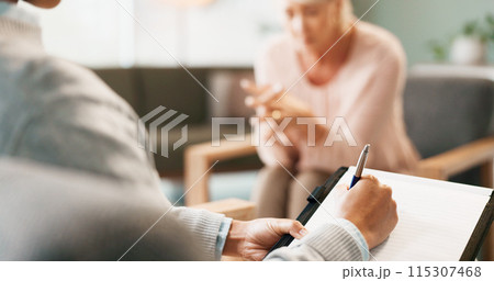 Psychology, therapist and hands or counseling with writing in consultation for mental health support and therapy. Psychologist, patient or expert advice for depression, anxiety or stress on clipboard 115307468