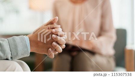 Therapy, mental health or nervous woman hands with psychologist in consultation office for mind, assessment or evaluation. Help, anxiety or counseling for patient with stress at clinic for psychology 115307538