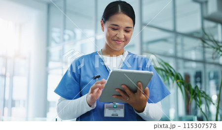 Healthcare, woman or nurse with tablet for research, medical info or diagnosis results with smile. Hospital, female physician and digital for report, online consultation and good news with telehealth Healthcare, woman or nurse with tablet for research, medical info or diagnosis results with smile. Hospital, female physician and digital for report, online consultation and good news with telehealth 115307578
