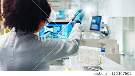 Test tubes, pipette and woman scientist in laboratory for medical study, research or experiment. Glass vials, dropper and female person with back or chemical liquid for pharmaceutical innovation Test tubes, pipette and woman scientist in laboratory for medical study, research or experiment. Glass vials, dropper and female person with back or chemical liquid for pharmaceutical innovation 115307603