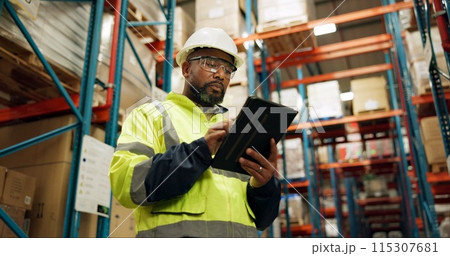 Warehouse, black man and manufacturing with tablet, inventory and checklist in a factory. African person, worker and employee with tech and inspection with digital app for logistics and online stock Warehouse, black man and manufacturing with tablet, inventory and checklist in a factory. African person, worker and employee with tech and inspection with digital app for logistics and online stock 115307681