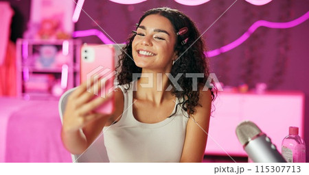 Girl, influencer and selfie for live stream for social media, connection or audience for online. Female person, gen z and bedroom with tripod for video, content creation and tech at home for website 115307713
