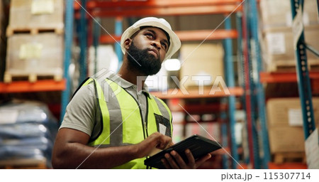 Supply chain, warehouse and black man on tablet for inspection, inventory and online stock. Manufacturing, distribution and person on digital tech for logistics, maintenance and shipping in factory 115307714
