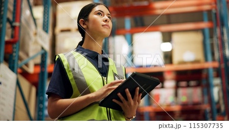 Thinking, warehouse and woman on tablet for inspection, inventory and online stock. Manufacturing, distribution and person on digital tech for logistics, maintenance and supply chain list in factory Thinking, warehouse and woman on tablet for inspection, inventory and online stock. Manufacturing, distribution and person on digital tech for logistics, maintenance and supply chain list in factory 115307735