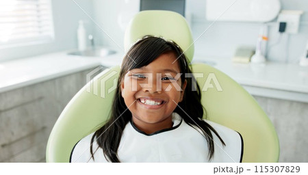 Dental, smile and face of girl at a dentist for teeth whitening, consultation or growth check. Oral care, portrait and happy kid in dentistry office for mouth, gum or consulting specialist for braces Dental, smile and face of girl at a dentist for teeth whitening, consultation or growth check. Oral care, portrait and happy kid in dentistry office for mouth, gum or consulting specialist for braces 115307829