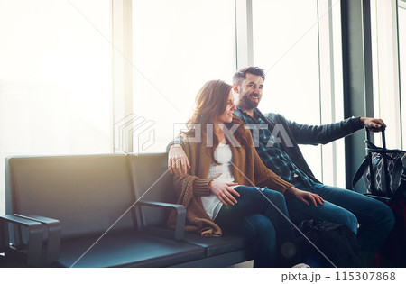 Luggage, travel and couple in airport, love and vacation for adventure, getaway trip and summer. People, man and woman with journey, waiting and international for holiday, explore and airline trip 115307868