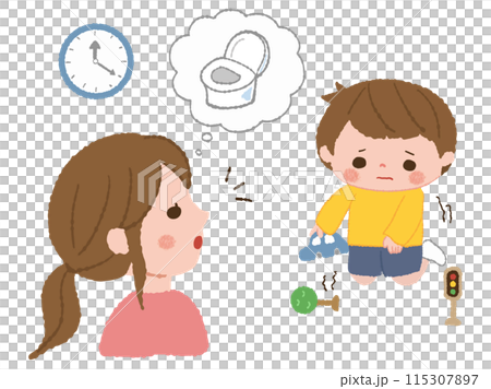 A mother notices her child holding in the toilet 115307897
