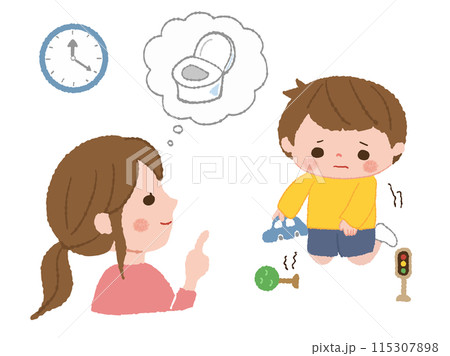 トイレを我慢する子どもに声掛けするママ 115307898