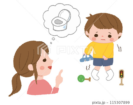 トイレを我慢する子どもに声掛けするママ トイレを我慢する子どもに声掛けするママ 115307899