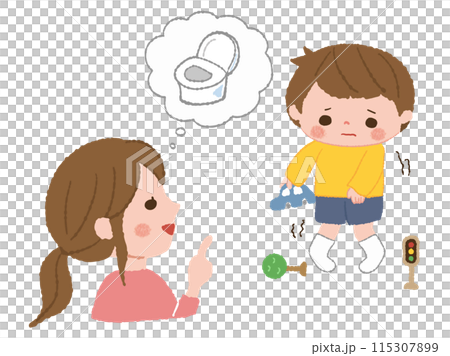 トイレを我慢する子どもに声掛けするママ トイレを我慢する子どもに声掛けするママ 115307899