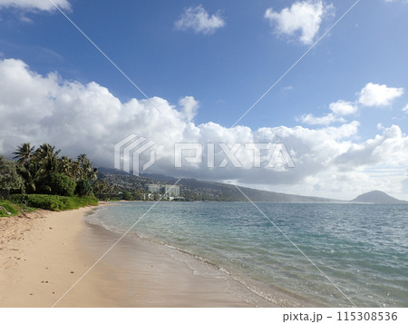 Sandy shoreline of Kahala Beach and the southern coastline of Oahu 115308536