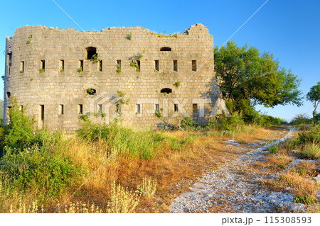 Amazing view of Fort Kosmach in Montenegro. Fortress is located near Budva. Old castle was built in Austro-Hungarian Empire as defensive structure and observation post. 115308593