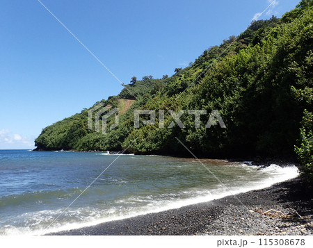 Waves lap on black sand beach at Honomanu Park 115308678