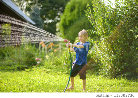 Funny little boy playing with garden hose in sunny backyard. Preschooler child having fun with spray of water. Summer vacation in the village for kids. 115308736