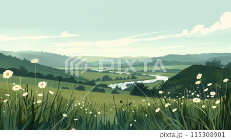 Tranquil Meadow Landscape in Flat Minimalist Style, Serene Summer Nature Scene for Posters and Prints 115308901