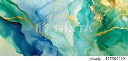 青と緑のインクが流れるように混ざり合う抽象的な背景イラスト 115309060
