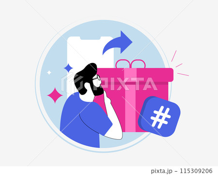 Social media contest, giveaway or competition. Digital marketing strategy on social media with creative contest ideas, rules and strategies. Viral smm campaigns isolated vector illustration 115309206