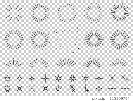 Simple sunburst and sparkling icon illustration set Sunburst Line drawing 115309794