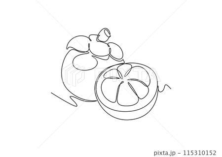 Continuous one line drawing whole and half sliced healthy sweet organic mangosteen for orchard logo identity. Fresh concept for fruit garden icon. Single line draw design vector graphic illustration 115310152