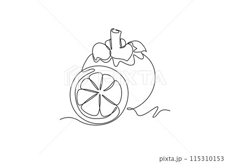 Continuous one line drawing whole and half cut healthy organic mangosteen for orchard logo identity. Fresh fruitage concept for fruit garden icon. Single line draw design vector graphic illustration 115310153