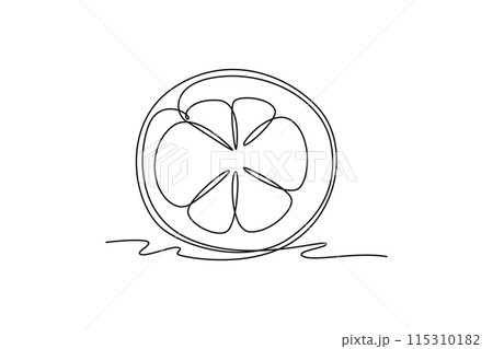 Continuous one line drawing half cut healthy sweet red organic mangosteen for orchard logo identity. Fresh fruitage concept for fruit garden icon. Single line draw design vector graphic illustration 115310182