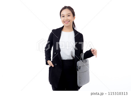 Beautiful portrait young business asian woman holding a briefcase isolated. Beautiful portrait young business asian woman holding a briefcase isolated. 115310313