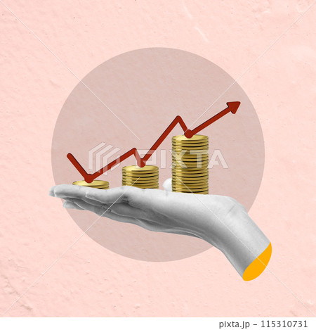 A human hand holding a golden stack of coins with an increased graph arrow 115310731