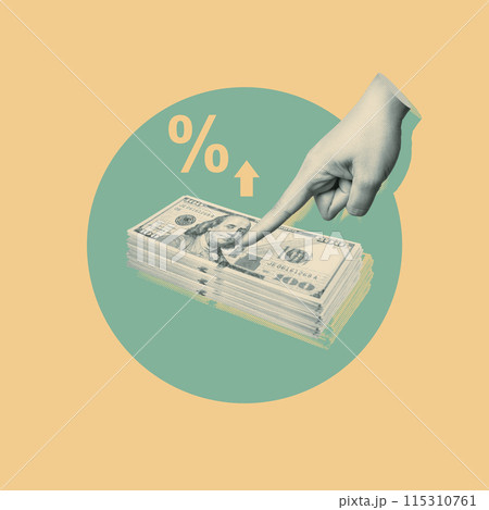 Hand pointing at cash stack with rising interest symbol Hand pointing at cash stack with rising interest symbol 115310761