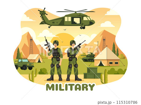 Vector Illustration of Military Army Forces featuring Soldiers, Weapons, Tanks, and Heavy Protective Equipment in a Flat Style Cartoon Background 115310786